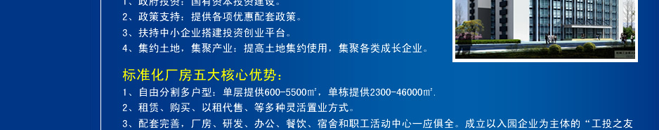标准化厂房项目亮点：1、	政府投资：国有资本投资建设。2、	政策支持：提供各项优惠配套政策。3、	扶持中小企业搭建投资创业平台。4、	集约土地，集聚产业：提高土地集约使用，集聚各类成长企业。